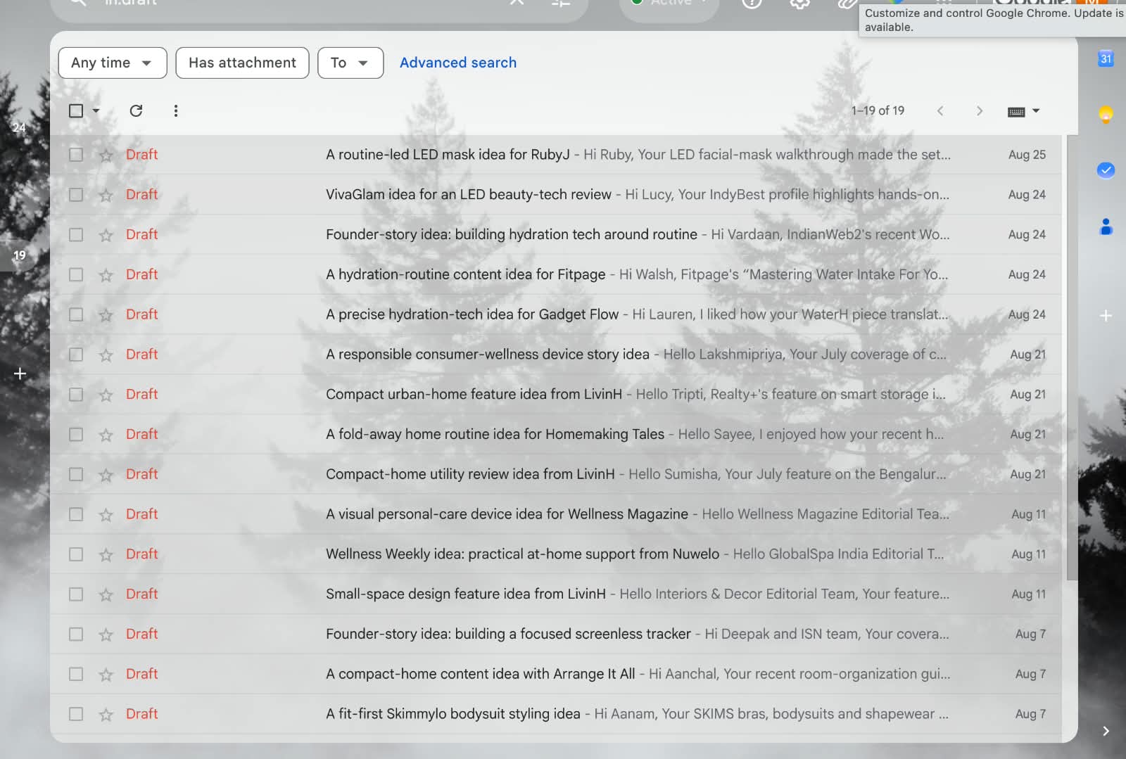 Personalized outreach emails prepared as Gmail drafts.