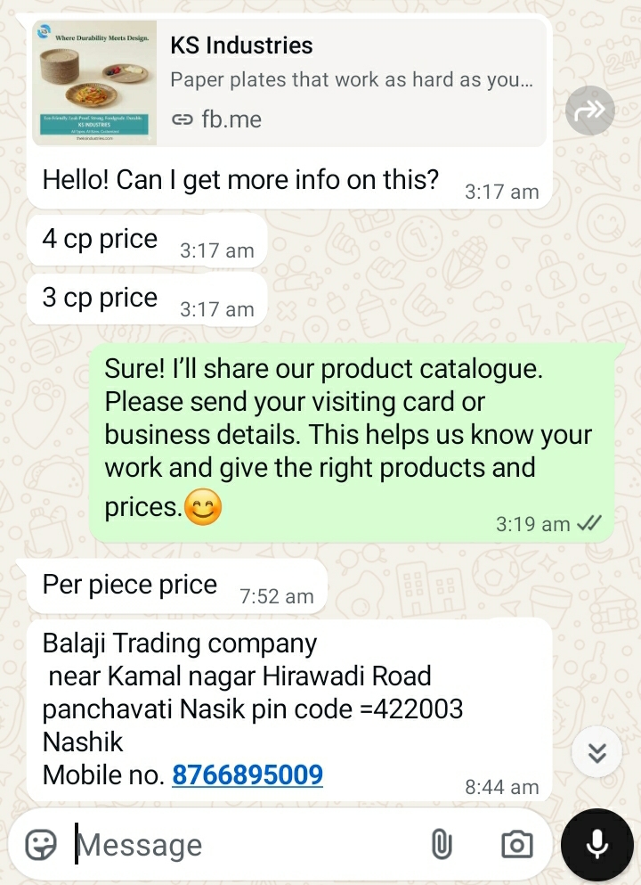Catalogue and rate list shared on WhatsApp.